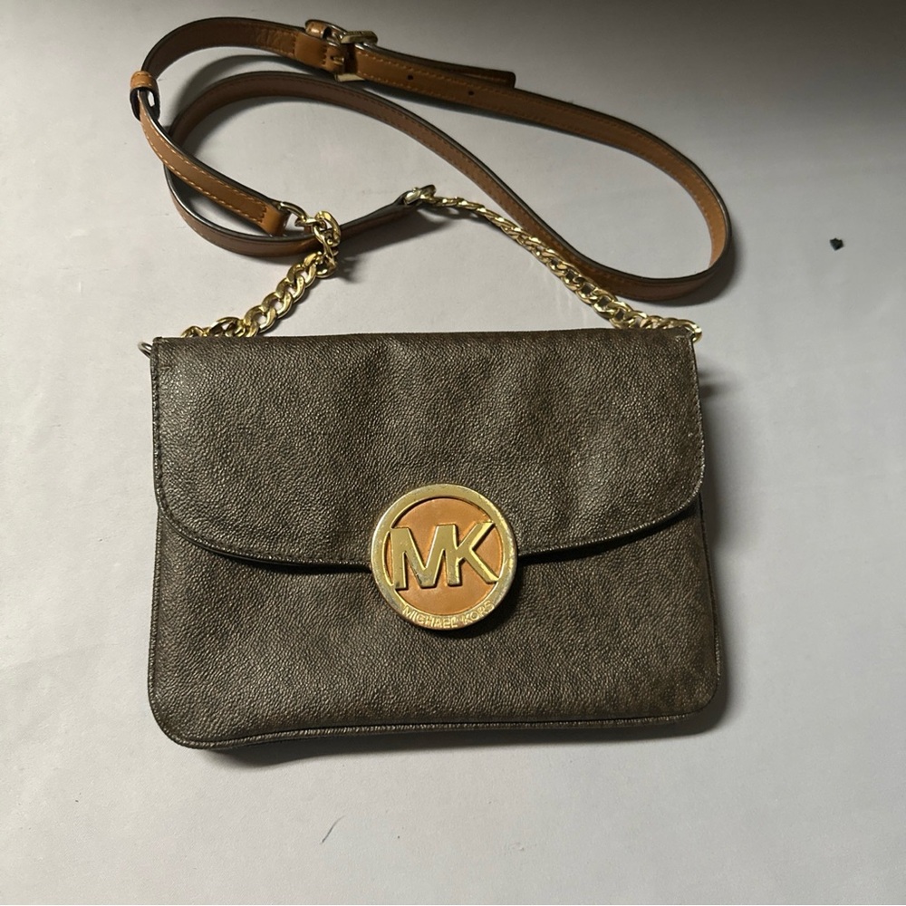 Michael Kors Gold Brown Crossbody Bag with Logo Medallion